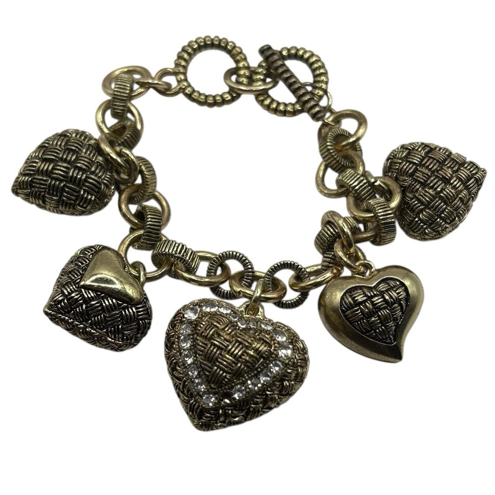 Puffy Heart Charm Bracelet Gold Tone Rhinestone Textured 8" Vintage Toggle